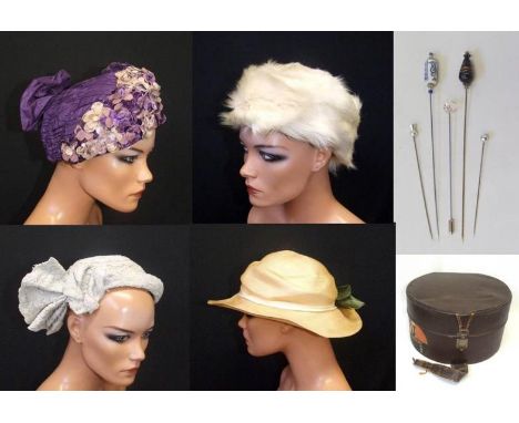 4 Ladies Vintage Hats incl. Kays of Bond Street W1 &amp; Barkers of Kensington, 5 hat pins &amp; Brown Card Hat Box with Orie