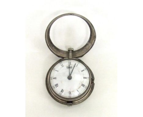 Georgian Silver Pair Cased Fusee Pocket Watch by J Richards, London with elaborate fretted cock, enamelled dial, Roman numera