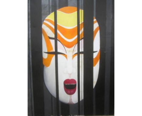 Large Oil on Canvas Stylised Face behind bars, by Rene Gruau, illustrator for Christian Dior, signed 'Gruau', approx. 39 1/4"