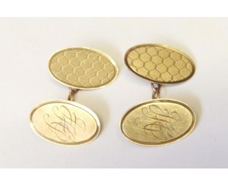 Pair 9ct. Gold Chain Link Oval Cufflinks with engine turned hexagonal decoration &amp; monogram  CONDITION REPORT 5.0g
