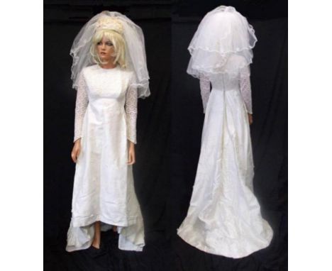 Vintage 1960s 'House of Pronuptia' Dupion Silk Wedding Dress with train, labelled size 34 &amp; Floral Cap Style Veil (2)  CO