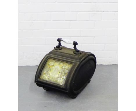 A black tin coal depot with a ceramic handle to top, 45 x 60cm