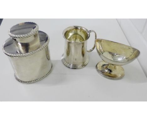 Silver plated items to include a tea caddy, christening mug and a navette shaped pedestal bowl, (3)