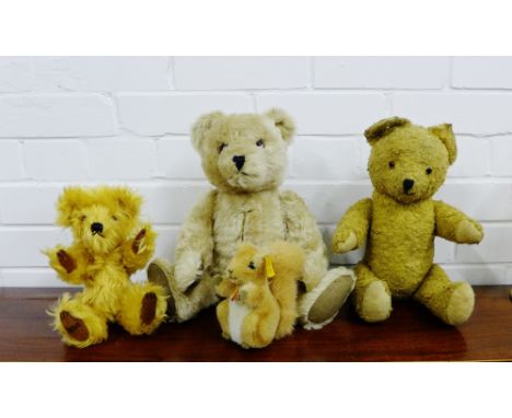 A collection of teddies to include a Steiff figure of a squirrel named 'Possy', a Hermann original blonde plush teddy with jo