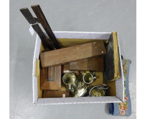 A carton containing vintage boxes, an AA badge, pewter tankards, bell pull etc., (a lot) 