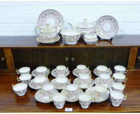 A quantity of 19th century English porcelain tea and coffee service, the pink ground with gilt floral sprays comprising two t