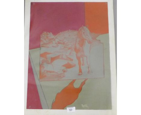 Paul Eachus (1944-2015) Mixed media composition of a horse, signed in pencil, together with a lithographic portrait of a youn