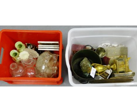 Two boxes containing 19th century tiles, glass ware, miscellaneous pottery, Art Nouveau style lamp etc., (a large lot) 