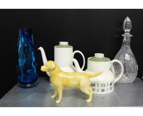 A Royal Doulton tapestry pattern coffee pot and teapot, together with an Edinburgh crystal decanter and stopper, a blue art g