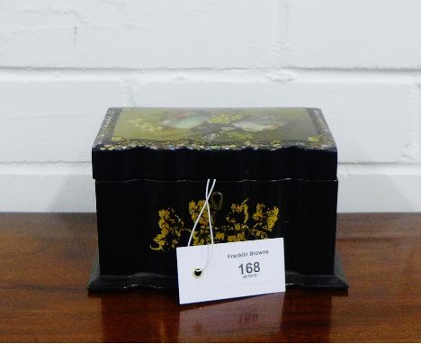 A 19th century papier mache and Abalone inlaid tea caddy, 17 x 10cm