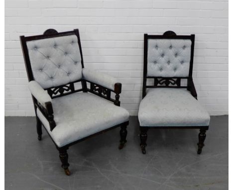 Two mahogany framed parlour chairs with upholstered button back with caps and castors (2) 100 x 88cm  