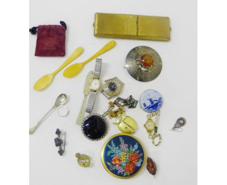 A mixed lot to include vintage powder compacts, costume jewellery, wristwatches, condiment spoons and an Epns Scottish citrin