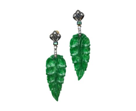 PAIR OF JADE AND DIAMOND EARRINGS, the jade in the form of a leaf suspended from an emerald and diamond set post, the diamond