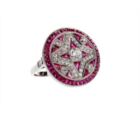 SPINEL, RUBY AND DIAMOND RING, the bezel 21mm diameter, set with round brilliant cut diamonds and calibre cut rubies, the dia