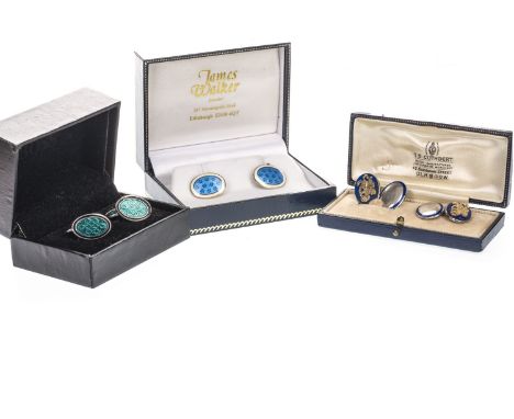 THREE PAIRS OF ENAMELLED CUFFLINKS, each of oval form with enamel decoration, two pairs with full silver hallmarks, one pair 