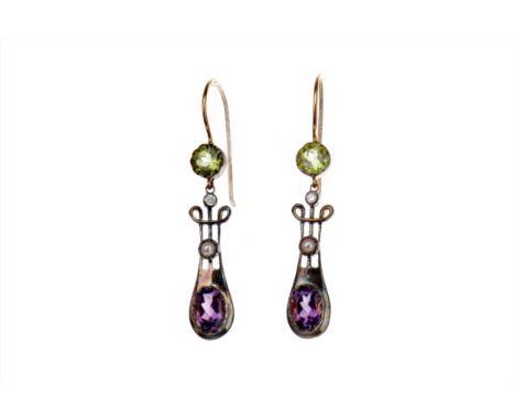 PAIR OF GEM SET AND DIAMOND EARRINGS, the oval amethyst and pearl section topped by a round brilliant cut diamond, suspended 