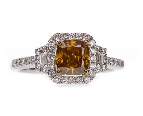 GIA CERTIFICATED ORANGE DIAMOND RING, the cushion modified brilliant diamond of approximately 1.06 carats, with accompanying 