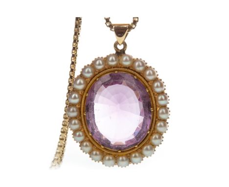 AMETHYST AND PEARL PENDANT, the oval amethyst 19mm long, within a halo of pearls, unmarked, on a box chain marked 375, 19g