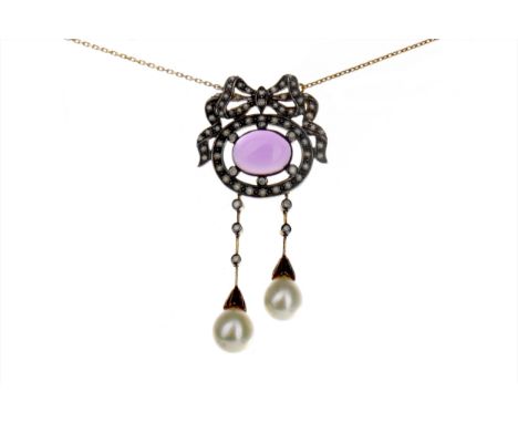 AMETHYST, PEARL AND DIAMOND PENDANT, the cabochon amethyst bordered by seed pearls and diamonds, with two spherical pearls su