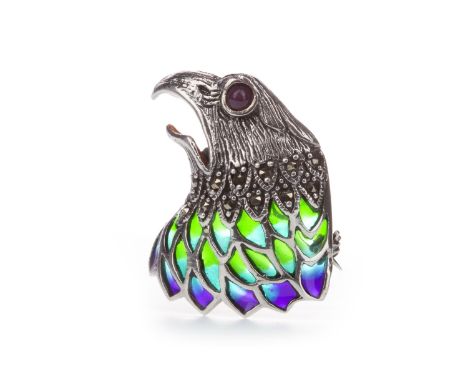PLIQUE-A-JOUR EAGLE HEAD BROOCH, set with a cabochon ruby eye, with marcasite stones and purple, blue and green plique-a-jour