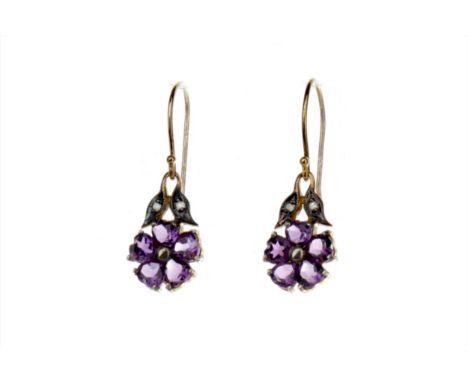 PAIR OF AMETHYST AND DIAMOND EARRINGS, the heart shaped amethyst stones forming a daisy, flanked by two old cut diamonds, the