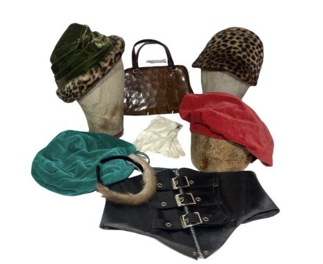 vintage accessories to include a floppy red velvet Harrod's beret, a green velvet and faux leopard hat, a Victor Osbourne fau