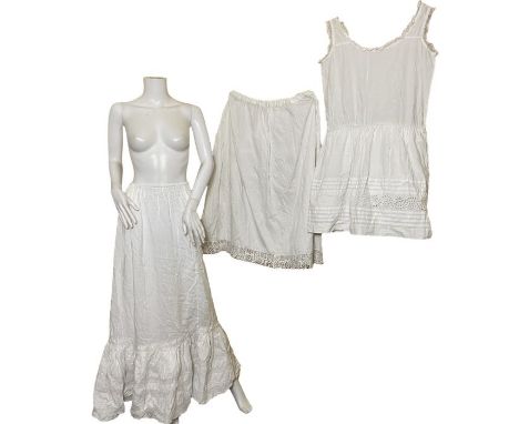Antique lingerie to include a white cotton, very full petticoat with torchon lace and small train 1890s/1900s, a 1910s ribbed
