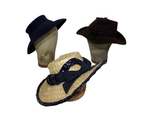A group of 1940s and later hats to include felt, straw, a 30s red velvet skull cap with sequins and a blue bridal headpiece w