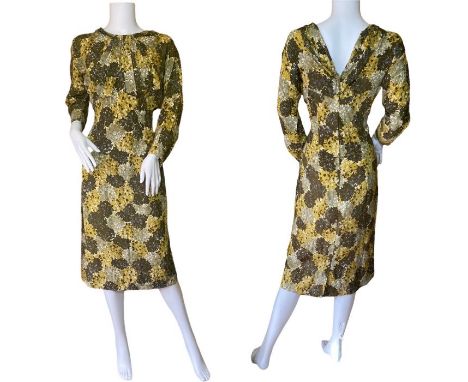 1950s Lilli Ann dress in a floral print in shades of green 38-30-40 (1)good condition, one underarm gusset has a tiny hole.