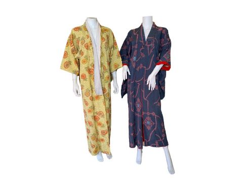 two vintage kimonos. one with a red and shell pink lining, and one unlined (this is a juban meant to be worn around the home)