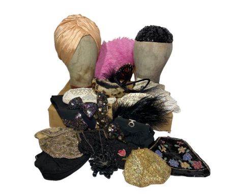 A collection of bags, a peach turban, sequinned skull cap, an interesting late 40s feather half hat, ostrich feather fan etc 