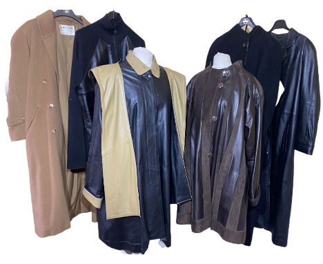 5 vintage coats and a leather front cardigan to include 3 leather, one with a hood, and two wool- cashmere blend, one by Jaeg
