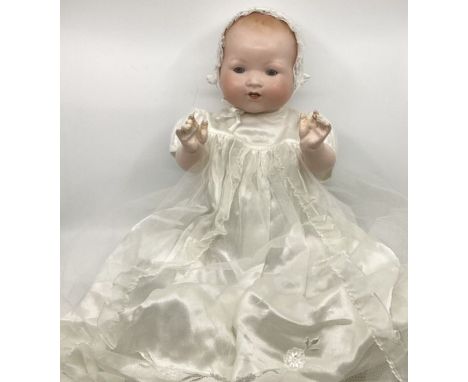 Antique A Marseille 23” Bisque Head 351/8K large baby &nbsp;Pram Mannequin doll in vintage gown white net and Lace -slightly 