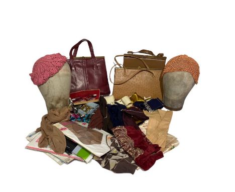 Vintage handbags, stockings, scarves and nurse's belts, gloves, 1950s/60s catseye glasses, and two 20s/ 30s crochet pieces to