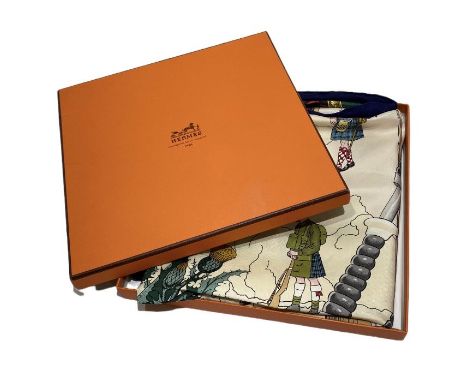 A Hermes silk scarf in its original box. Drambuie design by Peter Ledoux. Good condition, a faint dusty line on the cream cen