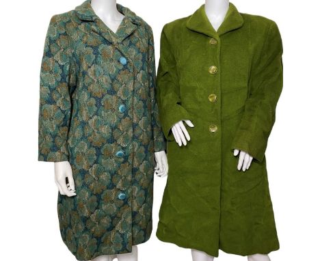 A collection of 50s/60s clothing to include a 40s/50s green coat, a 60s tapestry coat, a 50s dress with jacket, a red 50s coa