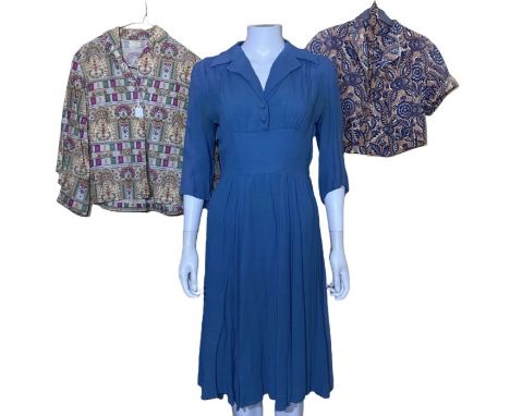 1940s and later clothing to include a 1940s blue crepe dress, a black lace dress with electric blue satin lining, a fitted sh
