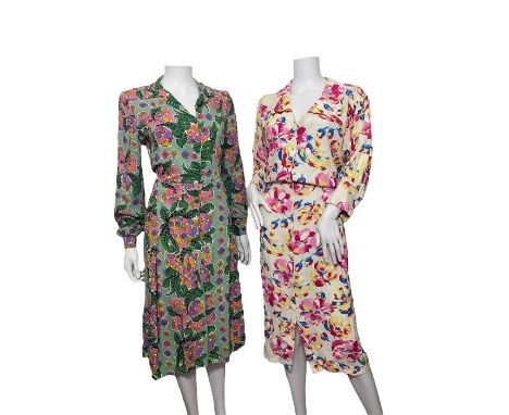 volup navy blue 1940s dress, volup 1940s rayon dress in green with abstract novelty print, in purple, pink, yellow and green,