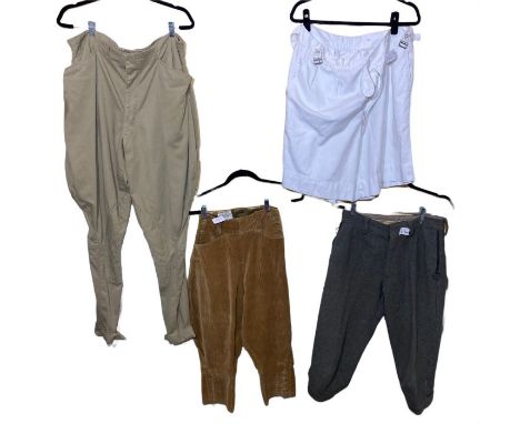 women's land army breeches (24/5 w), a similar style of men's breeches/ jodhpurs with the label cut out and replacement patch