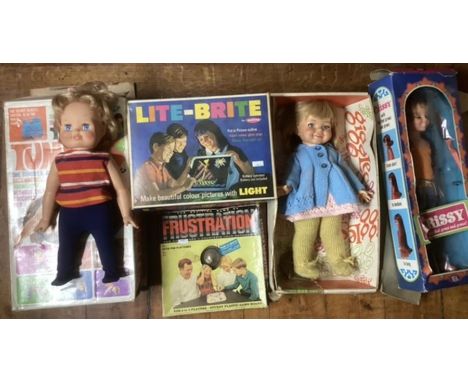 Vintage collection of 1960s Dolls and Nursery play toys ; To include an Ideal Giggles doll, ( giggles but very shabbily boxed