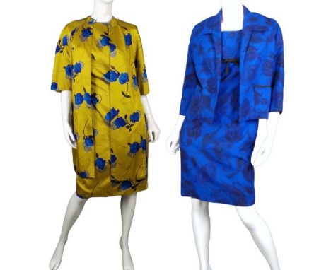 two vintage 1950s dress suits, one by Roter Couture in silk with a vibrant blue lining, the dress having an unusual swag acro