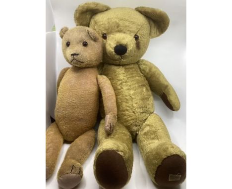 Teddy Bears Vintage Pair to include a Large Traditional Merrythought golden bear 30” tall and a further wartime teddy bear 24