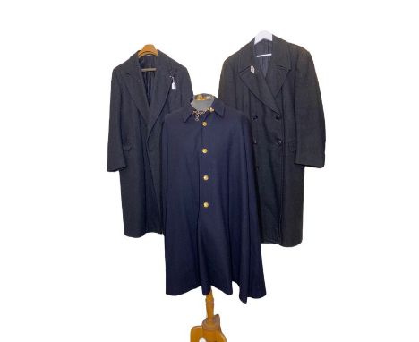 vintage men's coats to include a CC41 Montague Burton tailored coat. a 1960s Aquascutum coat, a 1939 dated Royal navy cloak, 