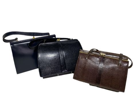 three vintage handbags to include 2 Mappin & Webb lizard bags and a navy blue leather bag c 50s/60s (3) good condition, smell