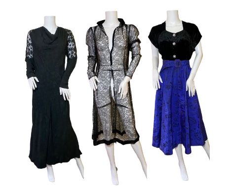 1930s to 50s evening wear to include a 1930s dress with cowl neck and lace inserts, a 40s dinner dress in black silk velvet a