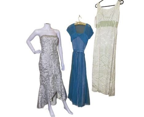 6 vintage evening dresses to include a late 40s gown in blue, a neon pink and green striped 1960s gown, a 1940s strapless gow