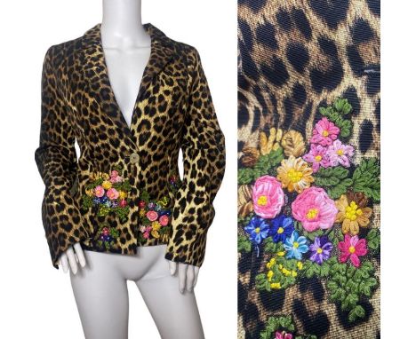 A leopard print vintage Moschino cheap and chic jacket with embroidered flower appliques. 39 inch bust, 33 inch waist. (1)gre