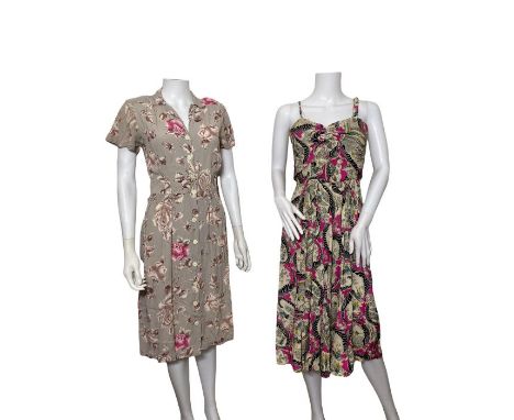 1940s novelty print  sundress and a 1940s rayon crepe shirtwaist dress with rose print (2)rose print is in good conditionthe 