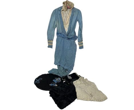 Antique clothing and accessories to include a c1914 dress with wired collar(a/f), an Edwardian/10s faux fur muff purse, a sil