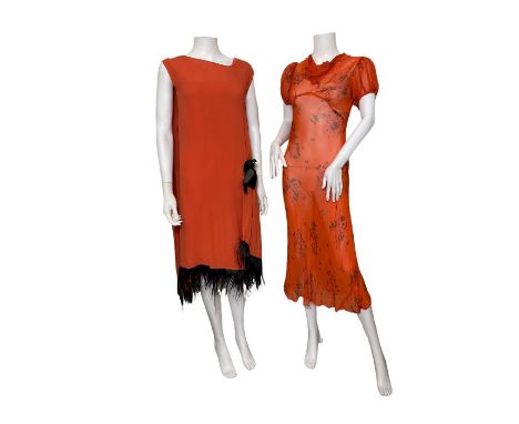 Three 20s/30s dresses to include an orange 1920s dress by Bonwitt Teller, complete with its slip. The dress is trimmed with c